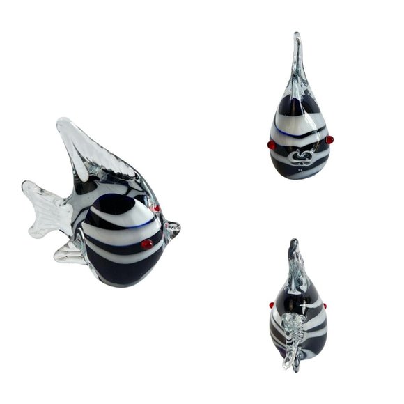 Vintage Swirl Fish Crystal Figurine Murano Style Black & White Set of 2 - Picture 4 of 12